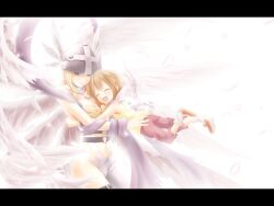  2girls akkijin angel_wings angewomon bad_id bad_pixiv_id blonde_hair blue_eyes brown_hair buckle casual closed_eyes digimon digimon_(creature) digimon_adventure feathered_wings feathers friends happy helmet hug letterboxed lolicon long_hair multiple_girls multiple_wings photoshop_(medium) shawl short_hair white_theme wings yagami_hikari 