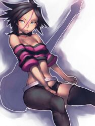  aqua_eyes bare_shoulders belt black_hair breasts choker clenched_hands covered_nipples crop_top female fumio_(rsqkr) guitar heroman holly_jones instrument looking_at_viewer midriff multicolored_hair navel no_bra shirt short_hair small_breasts smile solo striped_clothes striped_shirt 