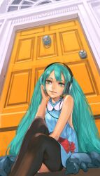  aqua_eyes aqua_hair black_thighhighs door feline female hatsune_miku headphones lips listening_to_music long_hair sitting smile solo thighhighs toro_(konirio) twintails very_long_hair vocaloid 