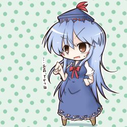  blue_dress blue_hair blush brown_eyes chalk chibi commentary_request dekasudachin dress female hand_on_own_hip hat kamishirasawa_keine long_hair open_mouth solo touhou translated 