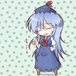  blue_dress blue_hair blush chalk chibi closed_eyes commentary_request dekasudachin dress female hand_on_own_hip hat kamishirasawa_keine long_hair open_mouth solo touhou translated 