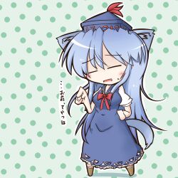  animal_ears blue_dress blue_hair blush cat_ears cat_tail chalk chibi closed_eyes commentary_request dekasudachin dress female hand_on_own_hip hat kamishirasawa_keine kemonomimi_mode long_hair open_mouth solo tail touhou translated 