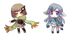  2girls animal_ears bad_id bad_pixiv_id black_legwear blue_eyes blue_hair blunt_bangs blush boots brown_hair chibi eyelashes frilled_skirt frills glaceon grin hair_ornament hairpin long_hair multiple_girls necktie ngayope no_nose open_mouth orange_eyes outstretched_arm outstretched_hand personification plaid pleated_skirt pokemon scarf shawl shoes sigilyph skirt smile sneakers snowflakes thighhighs white_legwear 