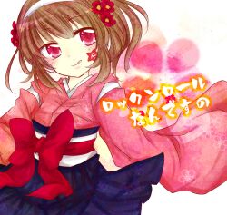  bow brown_hair commentary_request copyright_request female flower hair_flower hair_ornament highres japanese_clothes kimono licking_lips pink_kimono red_eyes solo sorakase_sawa tongue tongue_out 