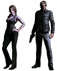  1boy blonde_hair capcom female female gun helena_harper helena_harper(resident_evil) highres jacket leon_s_kennedy male official_art resident_evil resident_evil_6 weapon 