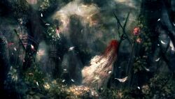  arcade_(architecture) bad_id bad_pixiv_id cross dress female leaning_back light_rays long_hair nature original overgrown painttool_sai_(medium) petals plant red_hair ruins solo sunbeam sunlight vines white_dress yatsunagi_(oyasumi_sumika) 