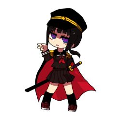  arm_behind_back arm_up ascot bad_id bad_pixiv_id black_hair black_thighhighs blue_eyes blunt_bangs cape chibi eyelashes female hat katana long_hair ngayope no_nose open_mouth original pleated_skirt school_uniform shoes skirt smile solo sword thighhighs uniform v weapon 