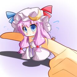  :&lt; blue_eyes blush chibi commentary_request crescent dress female hand_focus hat long_hair mini_person minigirl patchouli_knowledge purple_hair solo tears touhou trembling warabi_mochi_(ehimedaisuki) 