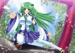  bad_id bad_pixiv_id bare_shoulders blush breasts detached_sleeves female frog frog_hair_ornament green_eyes green_hair hair_ornament hair_tubes kochiya_sanae long_hair medium_breasts ofuda petals skirt smile snake snake_hair_ornament solo suzuki_nene thighhighs torii touhou white_thighhighs 