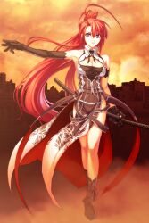  building buildings female female game_cg girl gloves highres ignis jingai_makyou katana nishii_(nitroplus) nitroplus outdoors ponytail purple_eyes red_hair sky smile solo sword weapon 