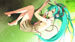  aqua_eyes aqua_hair barefoot breasts digital_media_player elrowa feet female fetal_position hatsune_miku headphones highres legs listening_to_music long_hair lying musical_note nail_polish on_side sideboob slim_legs small_breasts solo toenail_polish toenails twintails vocaloid 