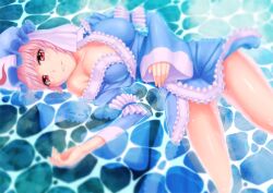  breasts cleavage collarbone commentary_request female hat lying nazal on_back partially_submerged photoshop_(medium) pink_hair red_eyes saigyouji_yuyuko short_hair solo touhou water wet wet_clothes 