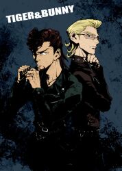  2boys alternate_hairstyle bad_id bad_pixiv_id barnaby_brooks_jr. blonde_hair brown_eyes brown_hair delinquent facial_hair glasses green_eyes high_contrast jacket kaburagi_t._kotetsu leather leather_jacket male_focus multiple_boys photoshop_(medium) pompadour stubble tiger_&amp;_bunny zakk 