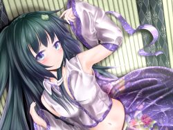  arm_up armpits blue_eyes blush commentary_request crop_top detached_sleeves female floral_print frog green_eyes hair_ornament kochiya_sanae long_hair midriff navel ribbon shirt skirt smile solo tatami touhou wingheart 