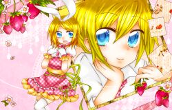  1boy bad_id bad_pixiv_id blonde_hair blue_eyes brother_and_sister commentary_request female flower food fruit highres kagamine_len kagamine_rin ribbon short_hair siblings smile sorakase_sawa strawberry strawberry_blossoms twins vocaloid 