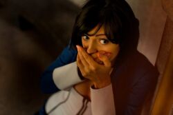  bioshock bioshock_infinite blue_eyes brown_hair cosplay elizabeth_(bioshock_infinite) fear hands_covering_mouth short_hair 