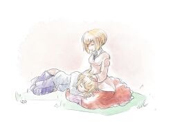  2girls ada_clover aged_down blazblue blonde_hair citolo closed_eyes commentary_request dress ignis_clover lap_pillow mother_and_daughter multiple_girls seiza short_hair sitting spoilers 