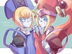  2girls android blazblue blonde_hair blue_eyes citolo commentary_request hat holding_hands ignis_(blazblue) interlocked_fingers mother_and_daughter multiple_girls nirvana_(blazblue) pale_skin pink_hat revision symmetrical_hand_pose white_eyes 