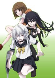  3girls accelerator_(toaru_majutsu_no_index) albino bare_shoulders black_eyes black_hair blonde_hair bright_pupils brown_eyes brown_hair commentary_request cross-laced_clothes cross-laced_sleeves crutch detached_sleeves genderswap_(mtf) gradient_hair idora_(idola) kinuhata_saiai kuroyoru_umidori lace-up lace-up_sleeves lolicon long_hair long_sleeves medium_hair multicolored_hair multiple_girls pants red_eyes rule_63 skirt suzushina_yuriko toaru_kagaku_no_railgun toaru_kagaku_no_railgun_s toaru_majutsu_no_index toaru_majutsu_no_index:_new_testament two-tone_hair white_hair white_pupils 