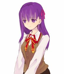  commentary_request fate/stay_night fate_(series) female hair_ribbon homurahara_academy_school_uniform long_hair matou_sakura purple_eyes purple_hair ribbon school_uniform solo soto 