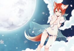  animal_ears anz_(starry) bare_shoulders blush breasts cleavage cloud commentary_request female fox_ears fox_tail genderswap_(mtf) green_eyes hands_on_own_face inazuma_eleven inazuma_eleven_(series) kiyama_hiroto looking_at_viewer medium_breasts moon night night_sky no_bra open_mouth orange_hair panties photoshop_(medium) rule_63 see-through short_hair sky solo tail underwear 