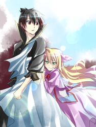  1boy black_hair blonde_hair brown_eyes capelet commentary_request dress fairy_tail female green_eyes head_wings high_collar jewelry kurose_nao long_hair mavis_vermilion necklace popped_collar ribbon wavy_hair wings zeref 