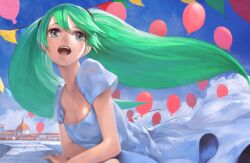  balloon cloud day dress female green_eyes green_hair hatsune_miku long_hair open_mouth sky solo toro_(konirio) twintails upper_body vocaloid white_dress wind 