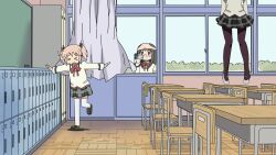  &gt;_&lt; 3girls akemi_homura arawi_keiichi_(style) black_hair camcorder chair classroom closed_eyes commentary_request curtains desk female_pervert glasses highres kaname_madoka long_hair mahou_shoujo_madoka_magica mahou_shoujo_madoka_magica_(anime) mami_mogu_mogu mitakihara_school_uniform multiple_girls nichijou object_on_head panties panties_on_head pantyhose parody pervert pink_hair red-framed_eyewear school_desk school_uniform short_hair short_twintails standing standing_on_one_leg striped_clothes striped_panties style_parody takahiro_(rikky) tomoe_mami twintails underwear video_camera 