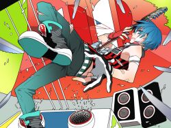  1boy bad_id bad_pixiv_id bitte blue_eyes blue_hair casual fingerless_gloves gloves guitar instrument kaito_(vocaloid) looking_at_viewer male_focus multicolored_nails nail_polish painttool_sai_(medium) ren&#039;ai_yuusha_(vocaloid) shoes solo vocaloid 