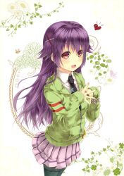  black_pantyhose commentary_request female hair_down heart hercule_barton kouji_(campus_life) long_hair necktie open_mouth pantyhose photoshop_(medium) pleated_skirt purple_hair red_eyes school_uniform skirt solo steepled_fingers tantei_opera_milky_holmes 