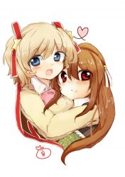  2girls blonde_hair blue_eyes brown_hair commentary_request hug kamikita_komari little_busters! little_busters!_school_uniform long_hair multiple_girls natsu_(norari_kurari) natsume_rin ponytail red_eyes school_uniform short_hair twintails 