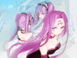  3girls breasts cleavage collar commentary_request dress euryale_(fate) facial_mark fate/hollow_ataraxia fate/stay_night fate_(series) long_hair medusa_(fate) medusa_(rider)_(fate) multiple_girls purple_eyes purple_hair siblings sisters small_breasts soto stheno_(fate) strapless strapless_dress twins twintails very_long_hair 