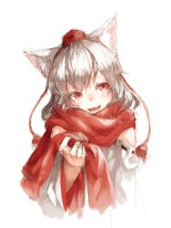  animal_ears commentary_request detached_sleeves female hat inubashiri_momiji junwool oerba_yun_fang open_mouth red_eyes red_scarf scarf short_hair simple_background smile solo tokin_hat touhou upper_body white_background white_hair wolf_ears 