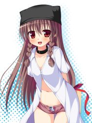  :d arms_behind_back asa_no_ha_(awayuki) blush borrowed_character bow bow_panties braid brown_hair choker collarbone commentary_request dress_shirt female gift hat leaning_forward navel open_fly open_mouth original panties photoshop_(medium) red_eyes ribbon shirt short_shorts shorts smile solo striped_clothes striped_panties tenihaba_nana unbuttoned underwear unzipped 