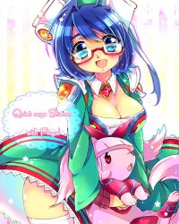  blue_eyes blue_hair breasts cardfight!!_vanguard chigo cleavage commentary_request female flogal genderswap_(mtf) glasses large_breasts quiet_sage_sharon rule_63 sendou_aichi smile solo 