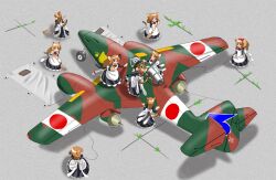  6+girls aircraft airplane animal_ears broom brown_hair camouflage cana cat_ears cat_tail commentary_request goggles goggles_on_head imperial_japanese_army jet ki-201_karyuu long_hair maid military multiple_girls original tail vehicle_focus world_war_ii 