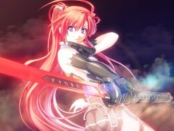  female game_cg gloves inscriptions jingai_makyou katana long_hair nitroplus ponytail purple_eyes red_hair solo stance sword weapon 