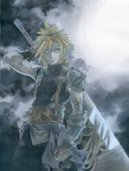  belt blonde_hair blue_eyes buster_sword cloud cloud_strife clouds final_fantasy final_fantasy_vii final_fantasy_viii gloves issun_boushi_(ilmtkimoti) kingdom_hearts male male_focus sash shoulder_pad shoulder_pads solo suspenders sword weapon 