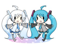  2girls ahoge blue_hair chibi commentary_request detached_sleeves dual_persona hatsune_miku holding_hands leaning_forward light_smile long_hair multiple_girls oerba_yun_fang open_mouth skirt solid_oval_eyes sorakase_sawa symmetry twintails very_long_hair vocaloid white_hair yuki_miku yuki_miku_(2010) 