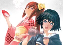  2girls :o alcohol black_eyes black_hair blue_eyes brown_hair checkered_clothes checkered_kimono choko_(cup) cup eyebrows hair_between_eyes hair_ornament highres huke japanese_clothes kimono long_hair makise_kurisu multiple_girls obi official_art open_mouth ponytail sakazuki sake sash shiina_mayuri short_hair steins;gate tokkuri 