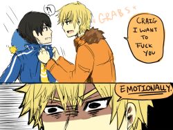  2boys blonde_hair craig craig_tucker grab grabbing hat kataro kenny kenny_mccormick multiple_boys south_park 