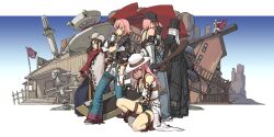  baseball_cap bell-bottoms brown_hair building buster_sword cannon cowboy_hat cowboy_western denim desert fingerless_gloves fringe_trim fuchida_kazuhiro gloves gun handgun hat katana multiple_girls original pants photoshop_(medium) pink_hair revolver robot scarf shorts sword thigh_strap thighhighs top_hat weapon whip white_hair 