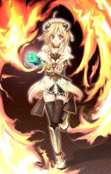  bare blonde_hair boots corriedale_(fantasy_earth_zero) detached_sleeves fantasy_earth_zero feathers hairband horns red_eyes shoulders thighhighs 