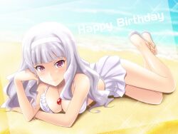  beach bikini blush breasts cleavage collar commentary_request english_text female grey_hair hairband happy_birthday idolmaster idolmaster_(classic) large_breasts long_hair looking_at_viewer lying masakichi_(crossroad) purple_eyes purple_hair sand sandals shijou_takane smile solo swimsuit 