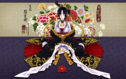  antaria black_hair breasts chinese_clothes chinese_commentary chinese_text choker cleavage collar commentary_request female flower guai_qing hair_ornament hanfu highres large_breasts liaozhai_zhiyi looking_at_viewer oracle_bone_script photoshop_(medium) purple_eyes sitting solo traditional_chinese_text translation_request 