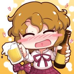  :d ^_^ alcohol bad_id bad_pixiv_id beer beerko blush blush_stickers bottle brown_hair chibi closed_eyes cup drunk female heart long_hair mesou-san mug open_mouth original photoshop_(medium) plaid plaid_skirt skirt smile solo upper_body 