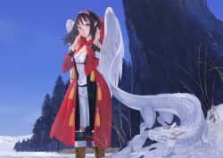  black_hair black_thighhighs blue_eyes boots cape commentary_request cross-laced_footwear dragon dress eastern_dragon female fur_boots fur_trim hairband hood hood_down looking_at_viewer original pointy_ears short_hair sky snow solo thighhighs toro_(konirio) tree ugg_boots wings 