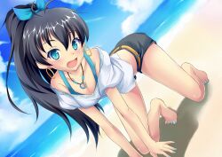  all_fours antenna_hair bad_id bad_pixiv_id barefoot beach black_hair blue_eyes blush breasts cleavage dutch_angle earrings female ganaha_hibiki hoop_earrings idolmaster idolmaster_(classic) jewelry long_hair marisasu_(marisa0904) medium_breasts nail_polish ocean oerba_yun_fang open_mouth ponytail shorts solo toenail_polish toenails water 