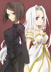  2girls black_eyes black_hair bob_cut commentary_request dress fate/zero fate_(series) hisau_maiya irisviel_von_einzbern irisviel_von_einzbern_(angel&#039;s_song) long_hair multiple_girls red_eyes short_hair soto white_hair 