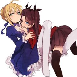  2girls artoria_pendragon_(fate) black_hair black_thighhighs blonde_hair blue_eyes braid commentary_request dress fate/stay_night fate_(series) multiple_girls pantyhose saber_(fate) skirt soto thighhighs tohsaka_rin twintails white_legwear yuri 